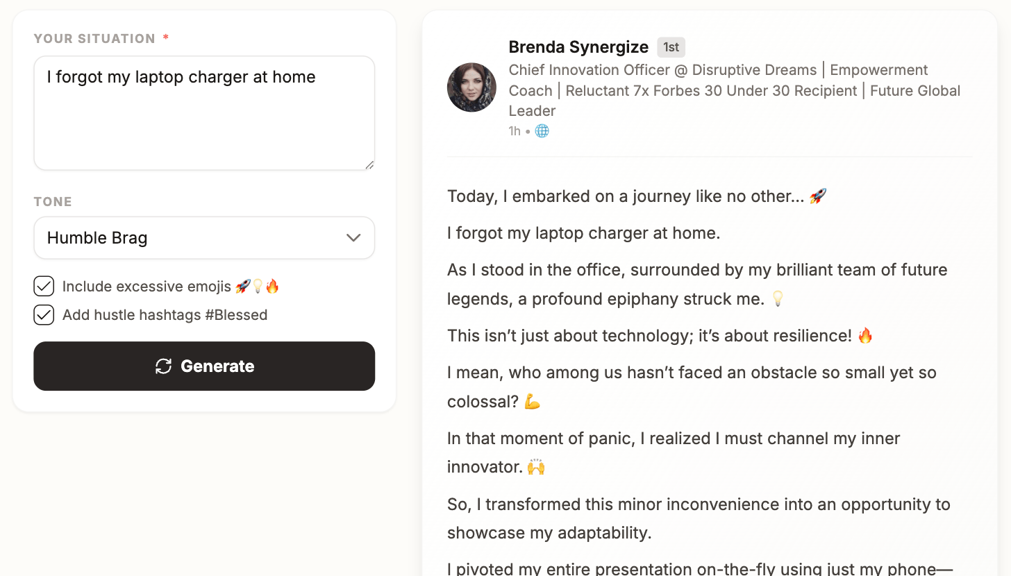 The LinkedIn post generator turning a forgotten laptop charger into a story of resilience